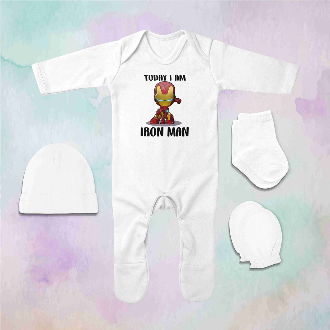 Superhero Quotes Jumpsuit with Cap, Mittens and Booties Romper Set for Baby Boy - KidsFashionVilla