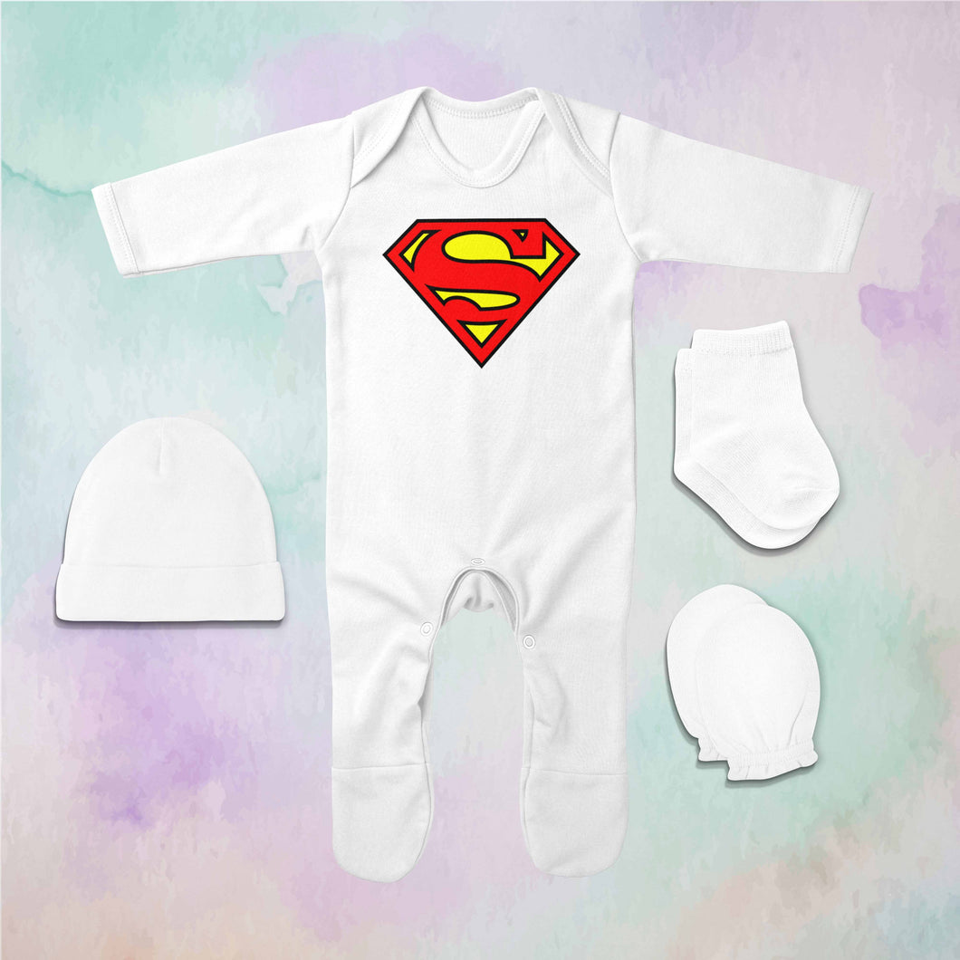 Iconic Superhero Cartoon Jumpsuit with Cap, Mittens and Booties Romper Set for Baby Boy - KidsFashionVilla