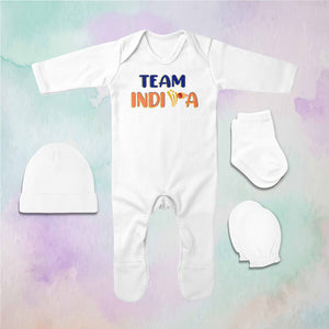 Team India Cricket Quotes Jumpsuit with Cap, Mittens and Booties Romper Set for Baby Boy - KidsFashionVilla
