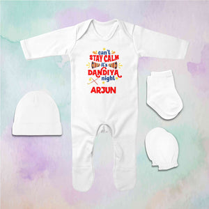 Custom Name Cant Stay Calm It Is Dandiya Night Navratri Jumpsuit with Cap, Mittens and Booties Romper Set for Baby Boy - KidsFashionVilla