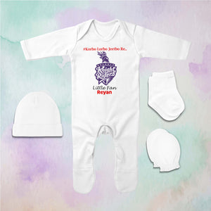 Custom Name IPL KKR Kolkata Knight Riders Korbo Lorbo Jeetbo Re Jumpsuit with Cap, Mittens and Booties Romper Set for Baby Boy - KidsFashionVilla