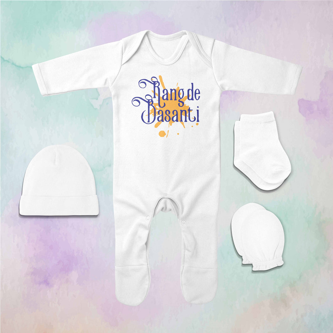 Rang De Basanti Holi Jumpsuit with Cap, Mittens and Booties Romper Set for Baby Boy - KidsFashionVilla