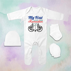 My First Ramadan Jumpsuit with Cap, Mittens and Booties Romper Set for Baby Boy - KidsFashionVilla