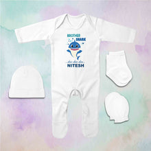 Load image into Gallery viewer, Custom Name Brother Shark Doo Doo Doo Rakhi Jumpsuit with Cap, Mittens and Booties Romper Set for Baby Boy - KidsFashionVilla
