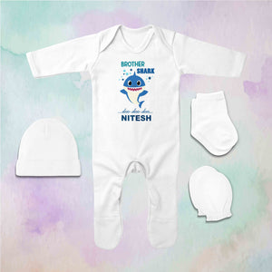 Custom Name Brother Shark Doo Doo Doo Rakhi Jumpsuit with Cap, Mittens and Booties Romper Set for Baby Boy - KidsFashionVilla