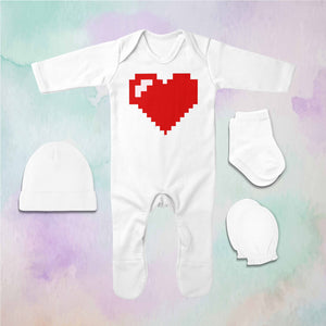 8 Bit Heart Minimal Jumpsuit with Cap, Mittens and Booties Romper Set for Baby Boy - KidsFashionVilla