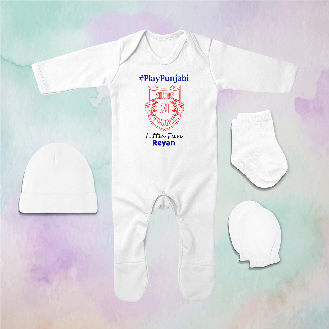 Custom Name IPL PBKS Punjab Kings PlayPunjabi Kings Eleven Punjab Jumpsuit with Cap, Mittens and Booties Romper Set for Baby Boy - KidsFashionVilla