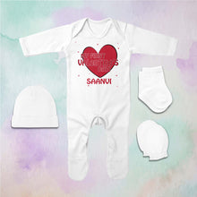 Load image into Gallery viewer, Custom Name 1st Valentine Jumpsuit with Cap, Mittens and Booties Romper Set for Baby Girl - KidsFashionVilla
