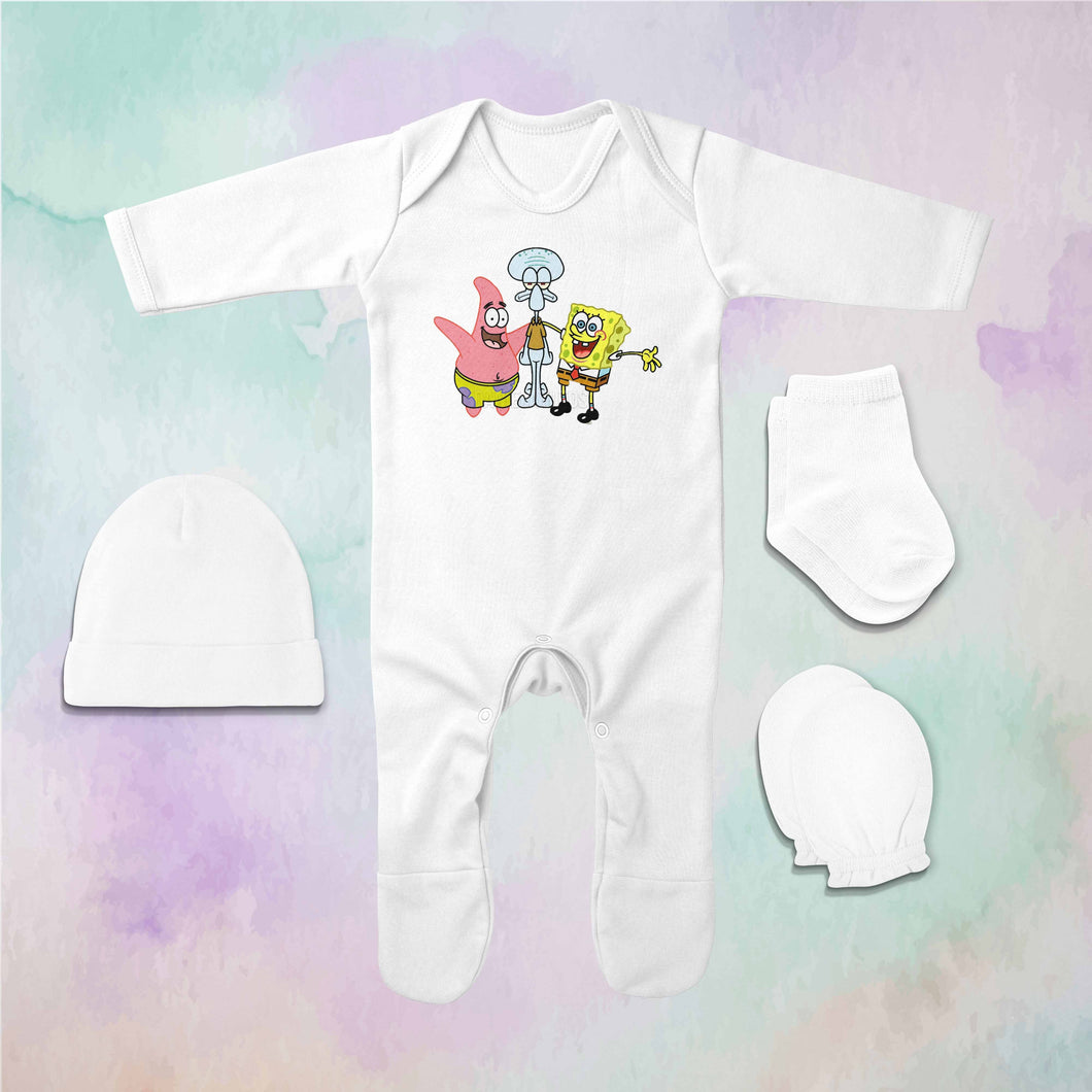 Funny Friends Cartoon Jumpsuit with Cap, Mittens and Booties Romper Set for Baby Boy - KidsFashionVilla