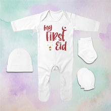 Load image into Gallery viewer, My First Eid Jumpsuit with Cap, Mittens and Booties Romper Set for Baby Boy - KidsFashionVilla
