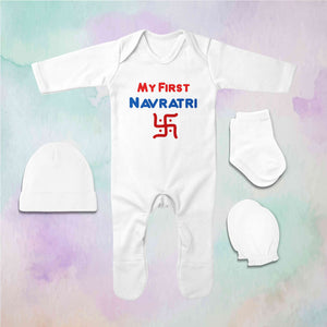 My First Navratri Jumpsuit with Cap, Mittens and Booties Romper Set for Baby Girl - KidsFashionVilla