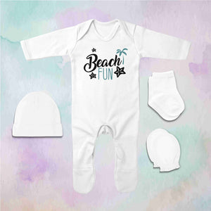 Beach Fun Quotes Jumpsuit with Cap, Mittens and Booties Romper Set for Baby Boy - KidsFashionVilla