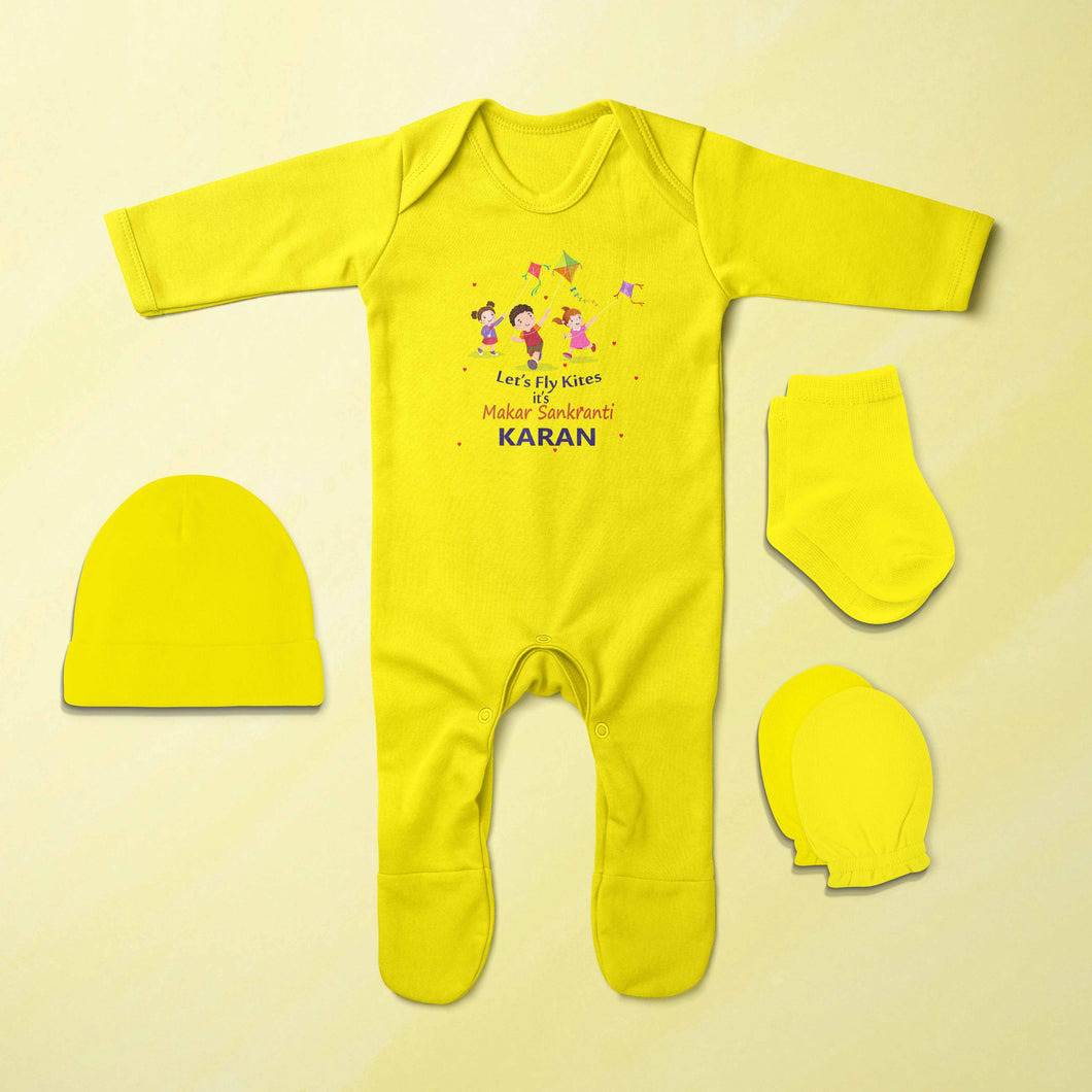 Custom Name Kai Po Che Makar Sankranti Jumpsuit with Cap, Mittens and Booties Romper Set for Baby Boy - KidsFashionVilla