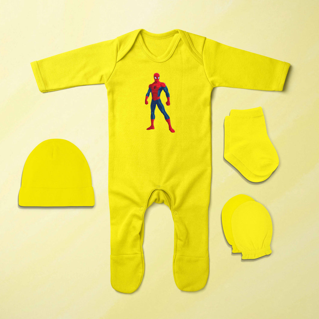 Cute Superhero Cartoon Jumpsuit with Cap, Mittens and Booties Romper Set for Baby Boy - KidsFashionVilla