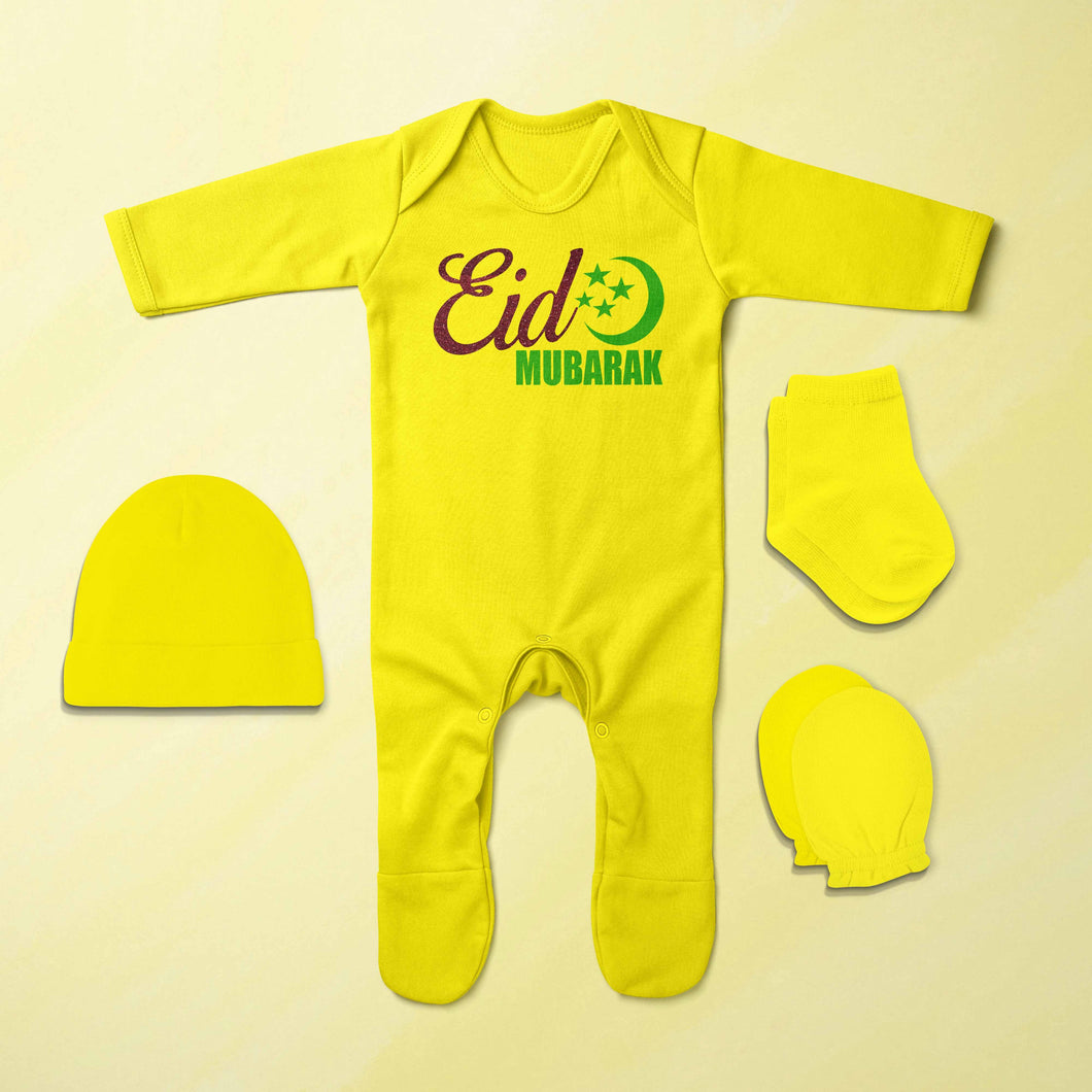 Eid Mubarak Eid Jumpsuit with Cap, Mittens and Booties Romper Set for Baby Boy - KidsFashionVilla