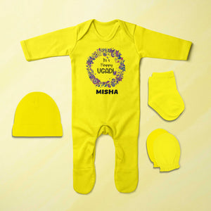 Custom Name Its Happy Ugadi Jumpsuit with Cap, Mittens and Booties Romper Set for Baby Girl - KidsFashionVilla