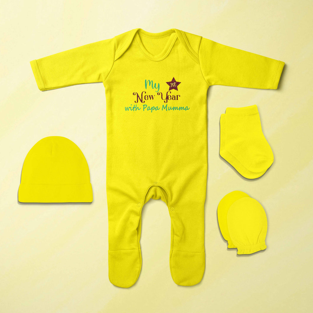 First New Year With Mumma Papa New Year Jumpsuit with Cap, Mittens and Booties Romper Set for Baby Boy - KidsFashionVilla