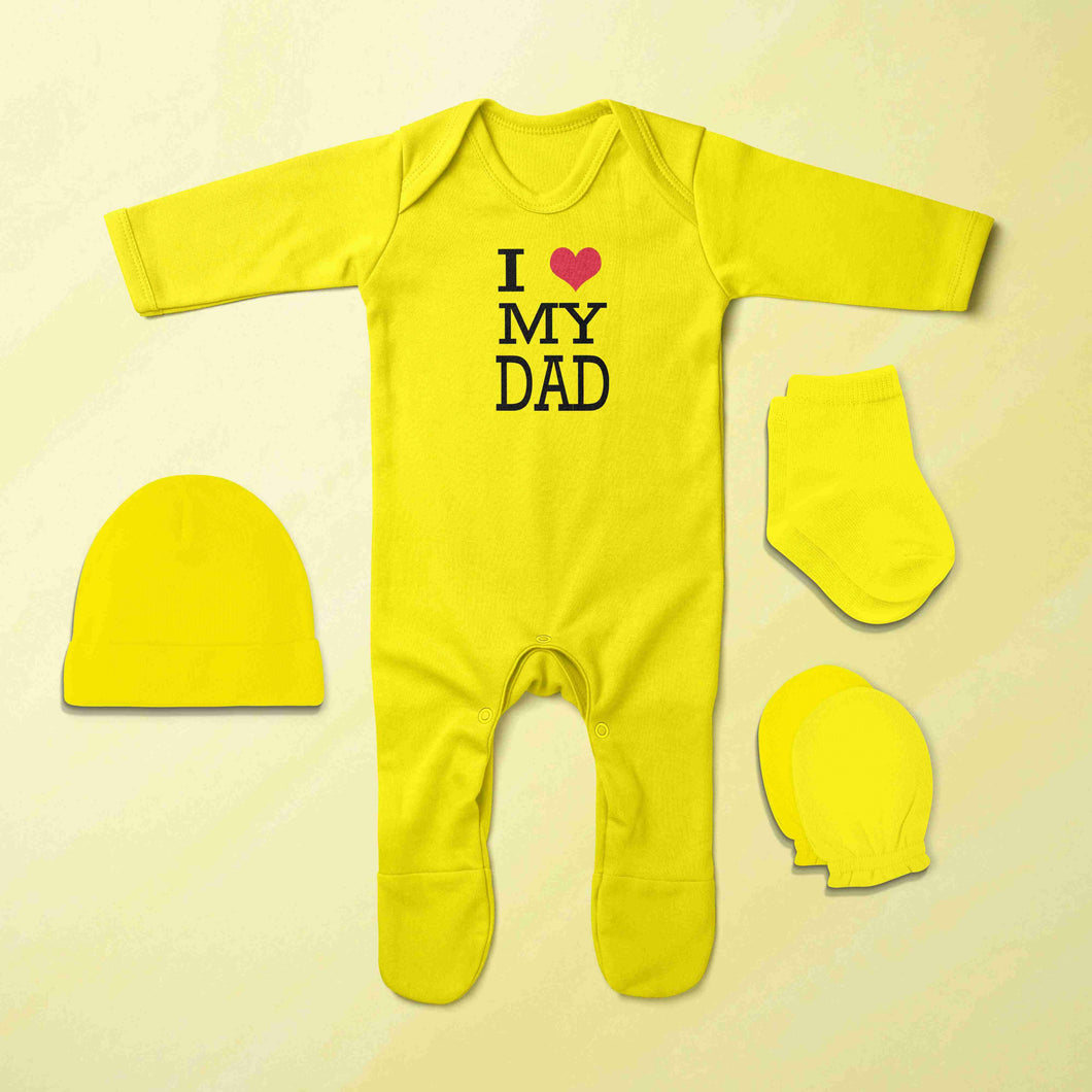 I Love My Dad Jumpsuit with Cap, Mittens and Booties Romper Set for Baby Boy - KidsFashionVilla