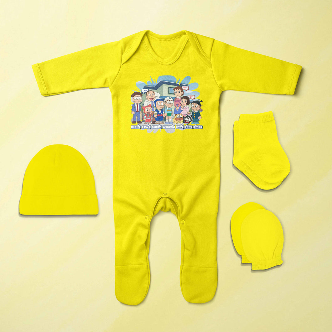 Funny Friends Cartoon Jumpsuit with Cap, Mittens and Booties Romper Set for Baby Boy - KidsFashionVilla