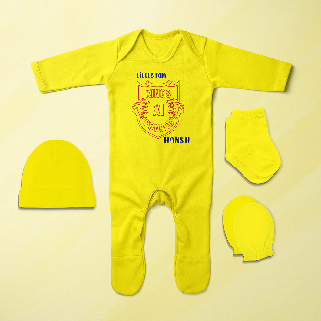 Custom Name IPL PBKS Punjab Super Kings Little Fan Jumpsuit with Cap, Mittens and Booties Romper Set for Baby Boy - KidsFashionVilla