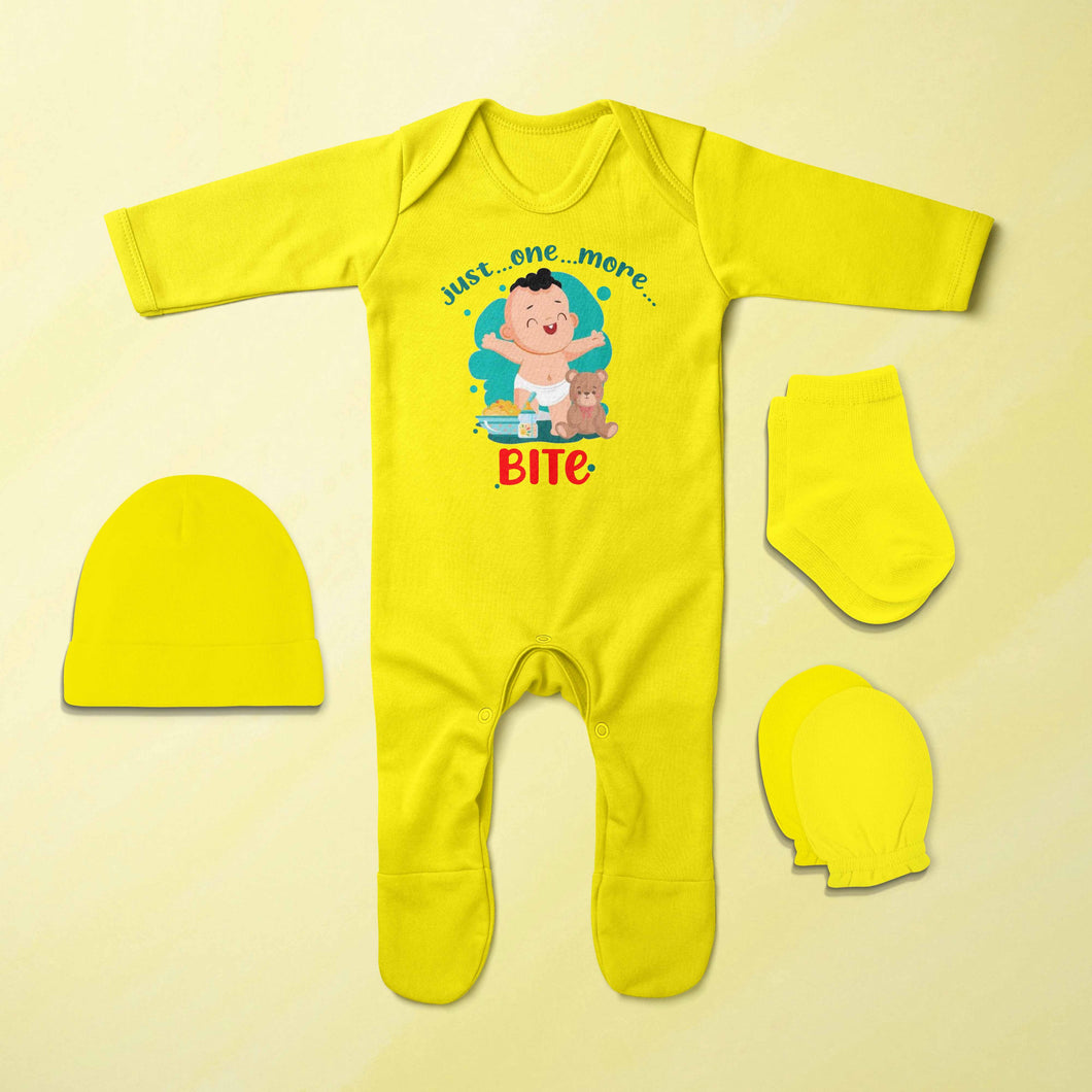 One More Bite Jumpsuit with Cap, Mittens and Booties Romper Set for Baby Boy - KidsFashionVilla