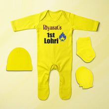Load image into Gallery viewer, Custom Name First Lohri Jumpsuit with Cap, Mittens and Booties Romper Set for Baby Girl - KidsFashionVilla
