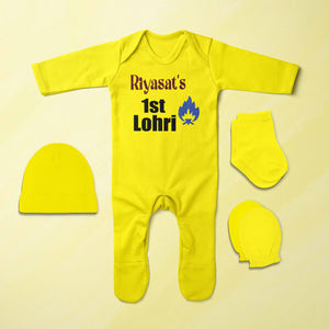 Custom Name First Lohri Jumpsuit with Cap, Mittens and Booties Romper Set for Baby Girl - KidsFashionVilla