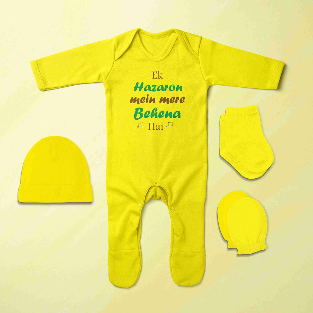 Ek Hazora Mai Mere behna Hai Jumpsuit with Cap, Mittens and Booties Romper Set for Baby Boy - KidsFashionVilla