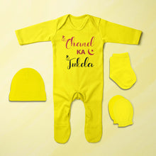 Load image into Gallery viewer, Chand Ka Tukda Eid Jumpsuit with Cap, Mittens and Booties Romper Set for Baby Boy - KidsFashionVilla
