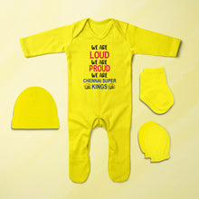 Load image into Gallery viewer, IPL We Are Loud CSK Chennai Super Kings Jumpsuit with Cap, Mittens and Booties Romper Set for Baby Boy - KidsFashionVilla
