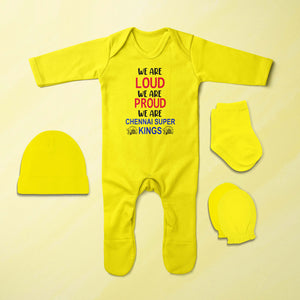 IPL We Are Loud CSK Chennai Super Kings Jumpsuit with Cap, Mittens and Booties Romper Set for Baby Boy - KidsFashionVilla