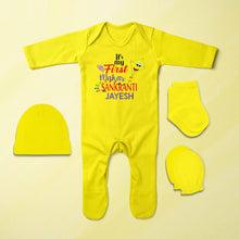 Load image into Gallery viewer, Its My First Makar Sankranti Custom Name Makar Sankranti Jumpsuit with Cap, Mittens and Booties Romper Set for Baby Boy - KidsFashionVilla
