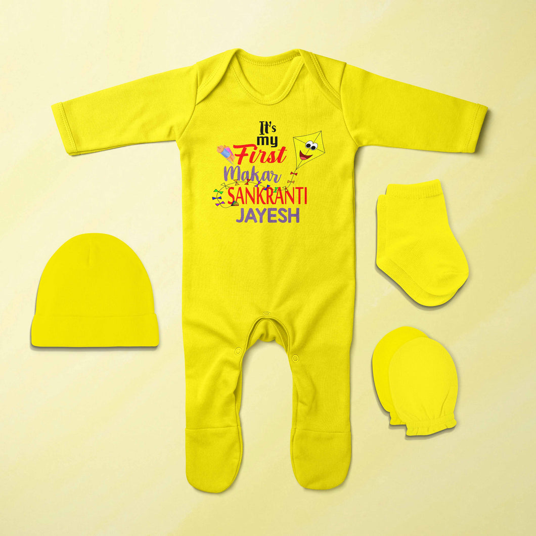 Its My First Makar Sankranti Custom Name Makar Sankranti Jumpsuit with Cap, Mittens and Booties Romper Set for Baby Boy - KidsFashionVilla