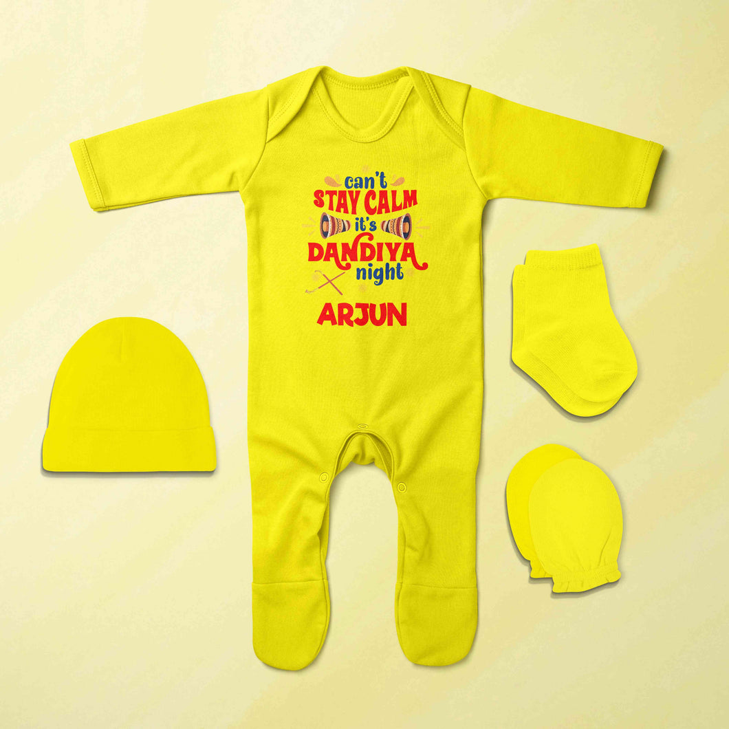 Custom Name Cant Stay Calm It Is Dandiya Night Navratri Jumpsuit with Cap, Mittens and Booties Romper Set for Baby Boy - KidsFashionVilla