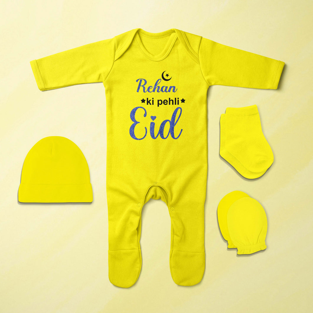 Custom Name Pehli Eid Jumpsuit with Cap, Mittens and Booties Romper Set for Baby Boy - KidsFashionVilla