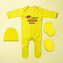 Load image into Gallery viewer, Custom Name IPL MI Mumbai Indians Little Fan Jumpsuit with Cap, Mittens and Booties Romper Set for Baby Boy - KidsFashionVilla
