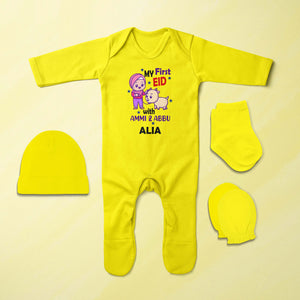 Custom Name My First Eid With Ammi And Abbu Jumpsuit with Cap, Mittens and Booties Romper Set for Baby Girl - KidsFashionVilla
