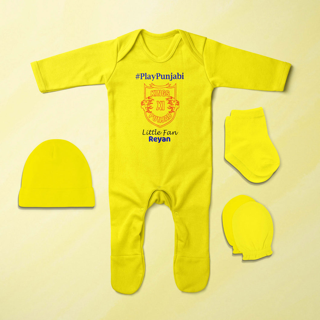 Custom Name IPL PBKS Punjab Kings PlayPunjabi Kings Eleven Punjab Jumpsuit with Cap, Mittens and Booties Romper Set for Baby Boy - KidsFashionVilla