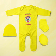 Load image into Gallery viewer, Custom Name My First Navratri Jumpsuit with Cap, Mittens and Booties Romper Set for Baby Boy - KidsFashionVilla
