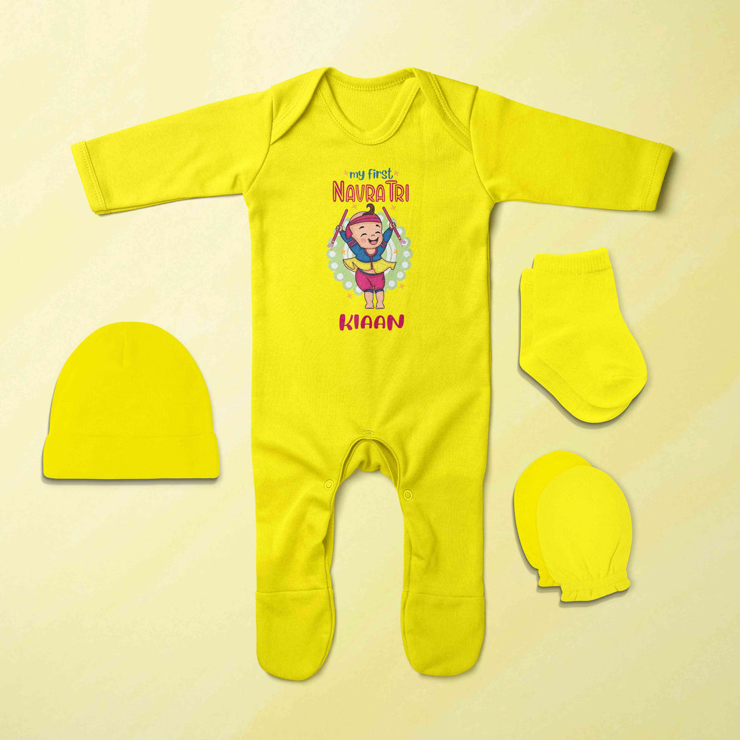 Custom Name My First Navratri Jumpsuit with Cap, Mittens and Booties Romper Set for Baby Boy - KidsFashionVilla