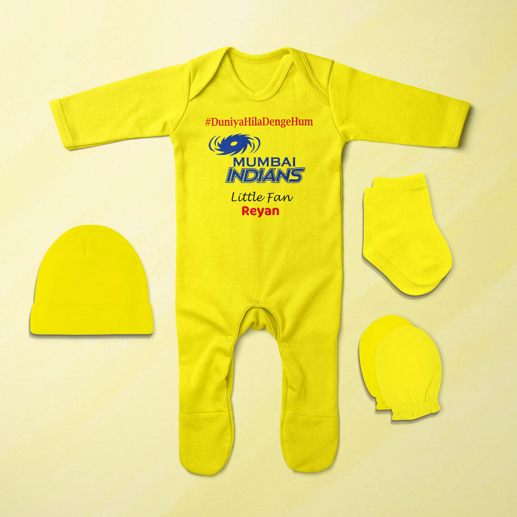 Custom Name IPL MI Mumbai Indians Duniya Hila Denge Hum Jumpsuit with Cap, Mittens and Booties Romper Set for Baby Boy - KidsFashionVilla