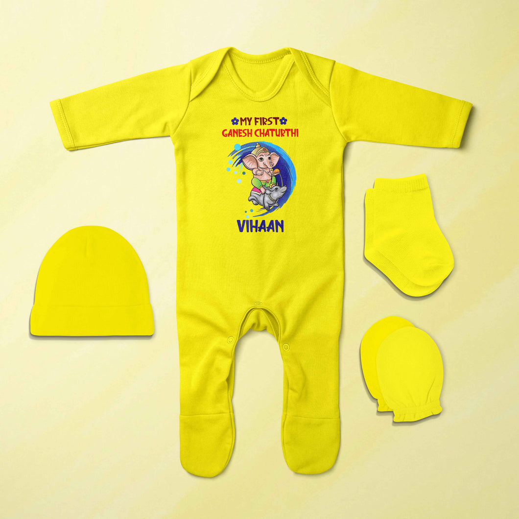 My First Ganesh Chaturthi Jumpsuit with Cap, Mittens and Booties Romper Set for Baby Boy - KidsFashionVilla