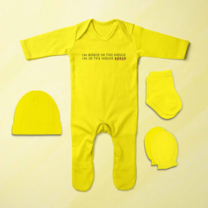 I Am In The Bored House Minimal Jumpsuit with Cap, Mittens and Booties Romper Set for Baby Boy - KidsFashionVilla