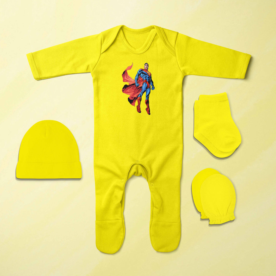 Cute Superhero Cartoon Jumpsuit with Cap, Mittens and Booties Romper Set for Baby Boy - KidsFashionVilla