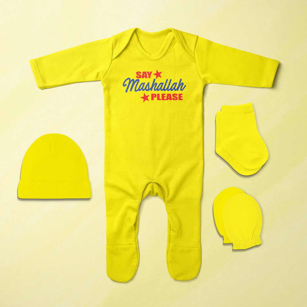 Say Mashallah Please Eid Jumpsuit with Cap, Mittens and Booties Romper Set for Baby Boy - KidsFashionVilla