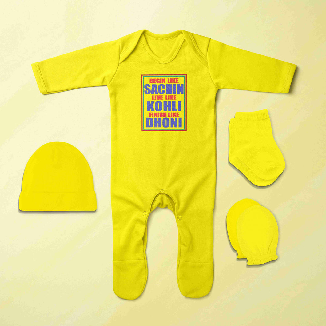 Cricketer Quotes Jumpsuit with Cap, Mittens and Booties Romper Set for Baby Boy - KidsFashionVilla