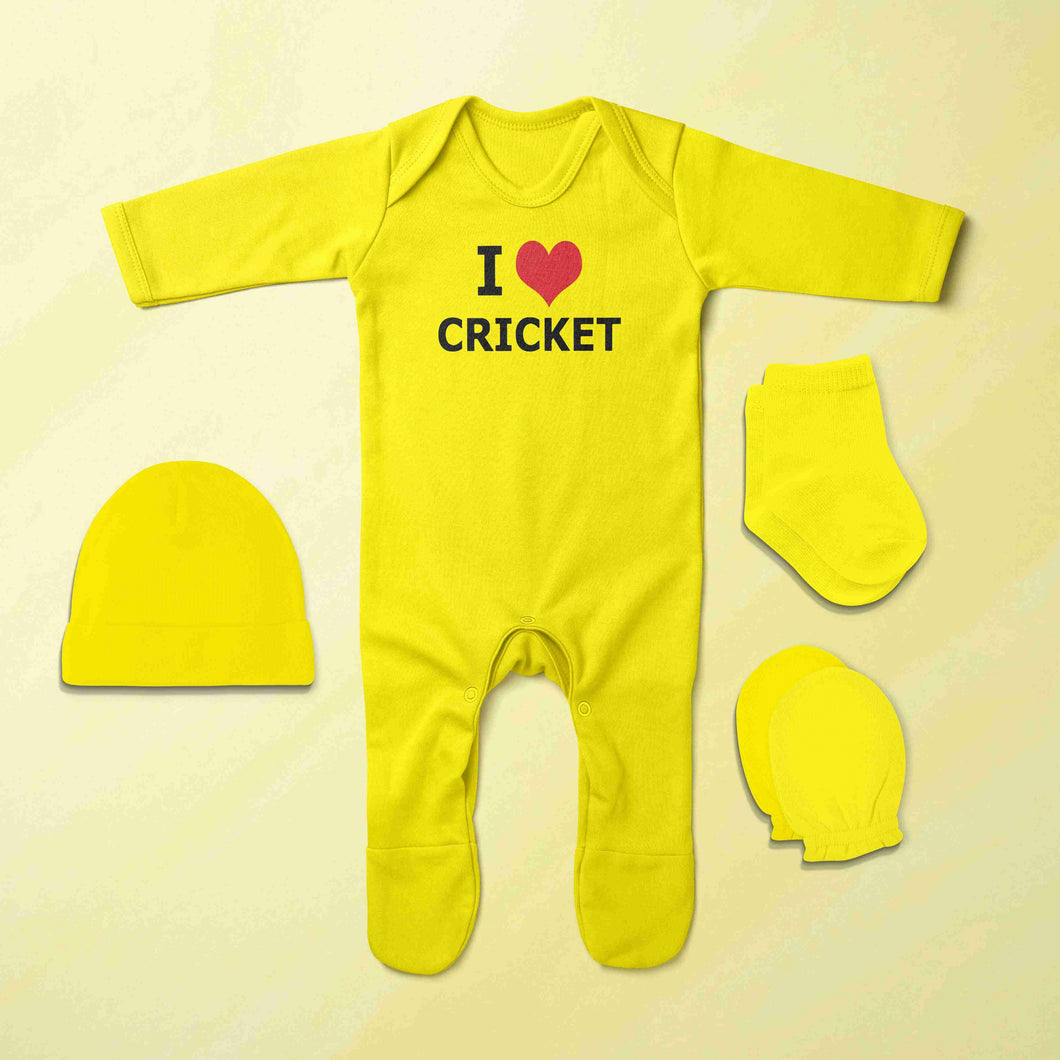 I Love Cricket Jumpsuit with Cap, Mittens and Booties Romper Set for Baby Girl - KidsFashionVilla