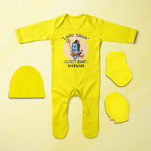 Load image into Gallery viewer, Custom Name Cutest Bhakt Mahashivratri Jumpsuit with Cap, Mittens and Booties Romper Set for Baby Boy - KidsFashionVilla
