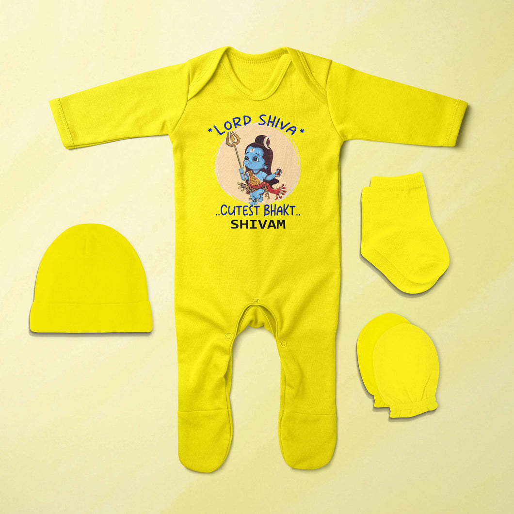 Custom Name Cutest Bhakt Mahashivratri Jumpsuit with Cap, Mittens and Booties Romper Set for Baby Boy - KidsFashionVilla