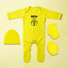 Load image into Gallery viewer, India Will Win Cricket Quotes Jumpsuit with Cap, Mittens and Booties Romper Set for Baby Boy - KidsFashionVilla
